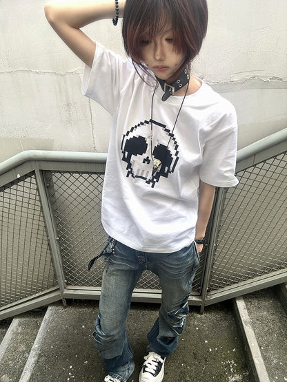 Black/White Round Neck Pixel Skeleton Print Cotton T-Shirt