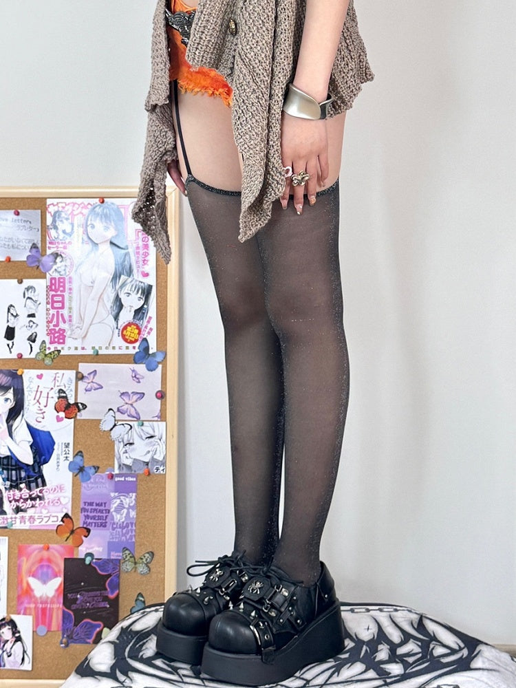 Black/Gray Semi-sheer Suspender Stockings