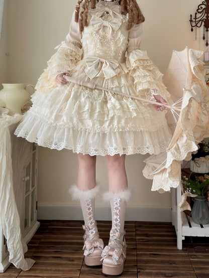 White Lace Trims Apricot Bows Decorated Hanayome Dress Lolita Jumper Skirt