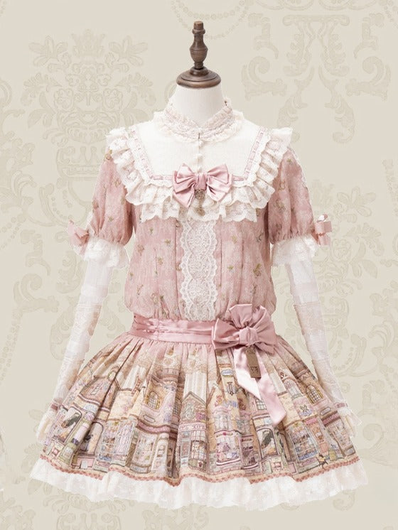 Pink Ruffle Neckline Sweet Lolita Dress with Fairytale Town Print and Lace Trim