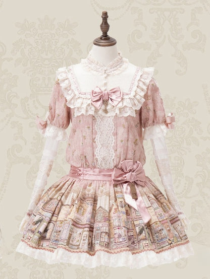 Pink Ruffle Neckline Sweet Lolita Dress with Fairytale Town Print and Lace Trim