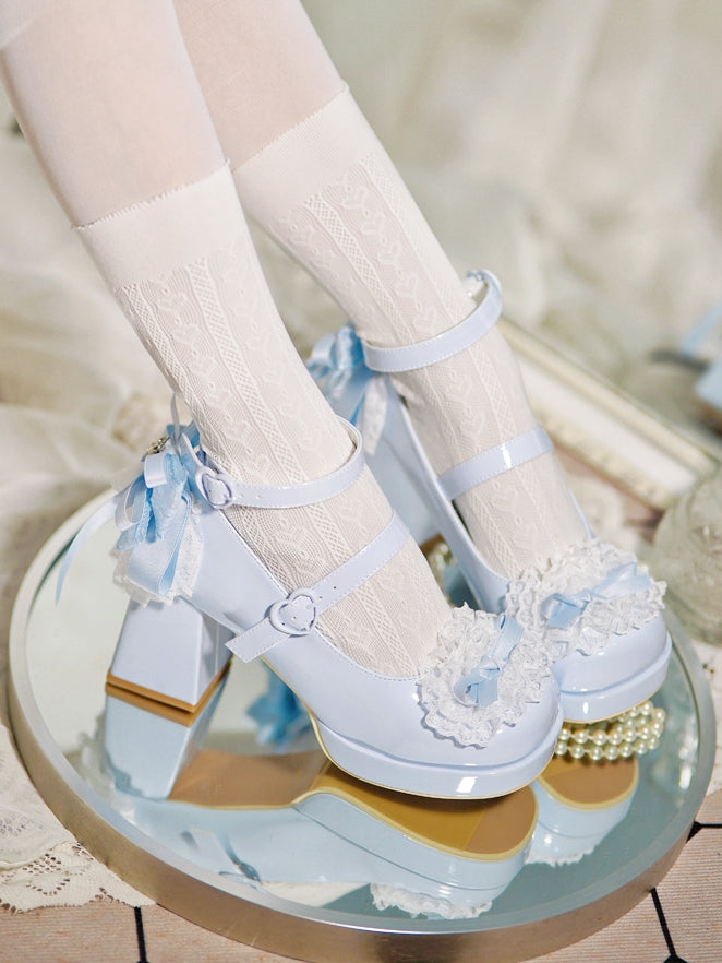 Blue Knotted Bow at Top Lace Trim Heart Buckles High Block Heels