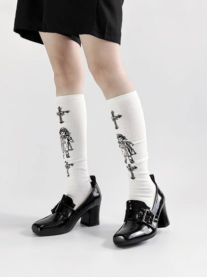 Gothic Polished Black Square Toe High Block Heel Shoes