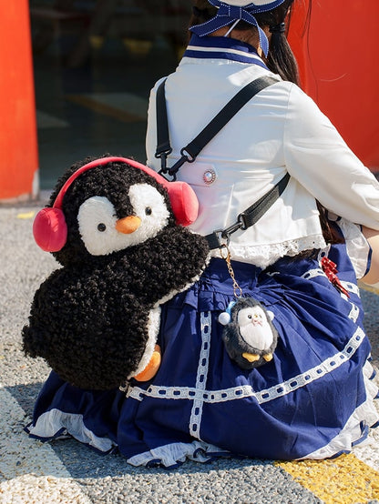 Black Cute Penguin Plush Backpack/Crossbody Bag +Keychain