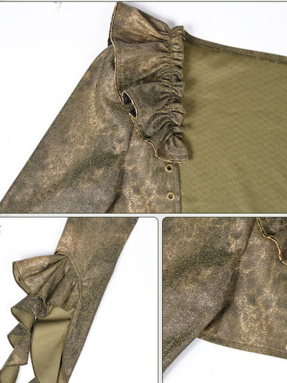 Green Asymmetrical Ruffled Cuff Shrug with Flutter Sleeve Detail at Shoulder