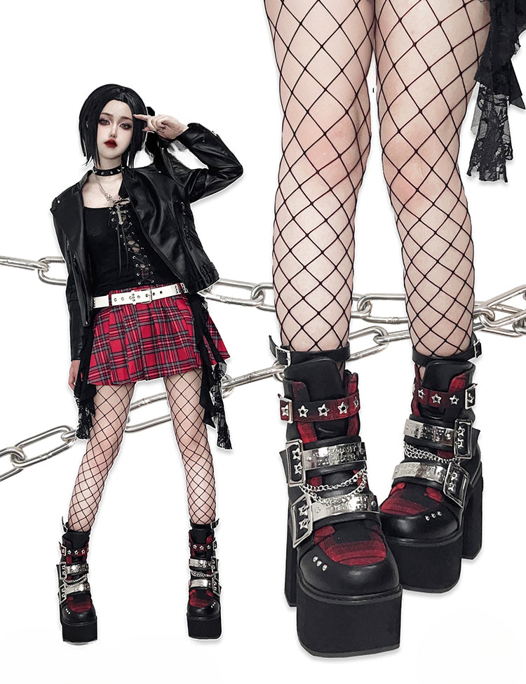 Black & Red Punk Rectangle Metal Plates Buckle Straps Platform High Block Heels with Studs and Chain