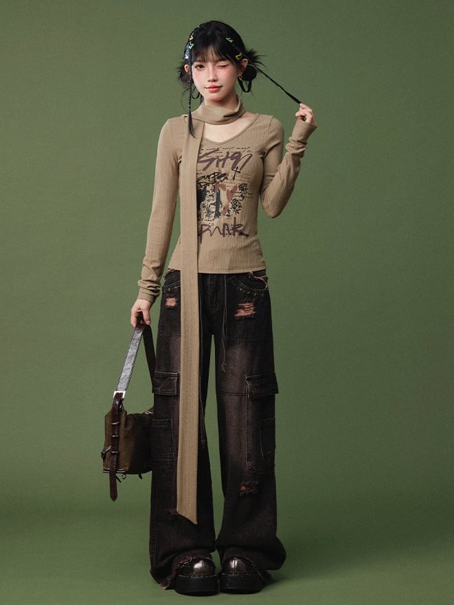 Clearance-Size XL for Waist 77.5CM Black and Pink High Waist Frayed Hem Wide Leg High Street Jeans