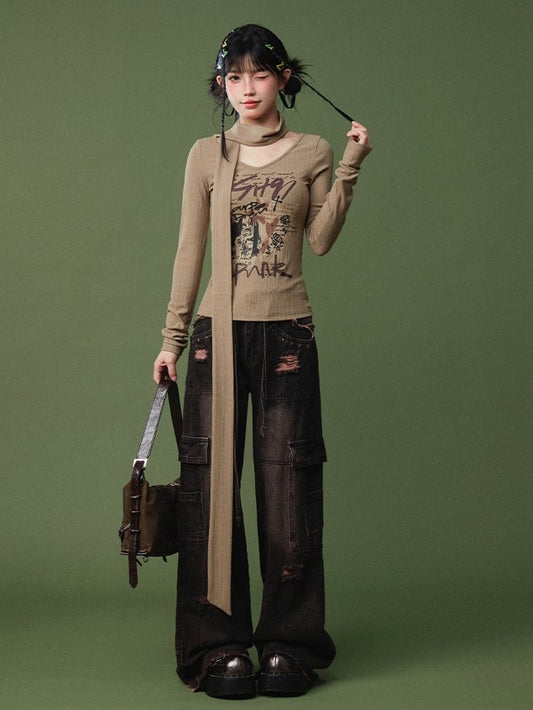 Clearance-Size XL for Waist 77.5CM Black and Pink High Waist Frayed Hem Wide Leg High Street Jeans