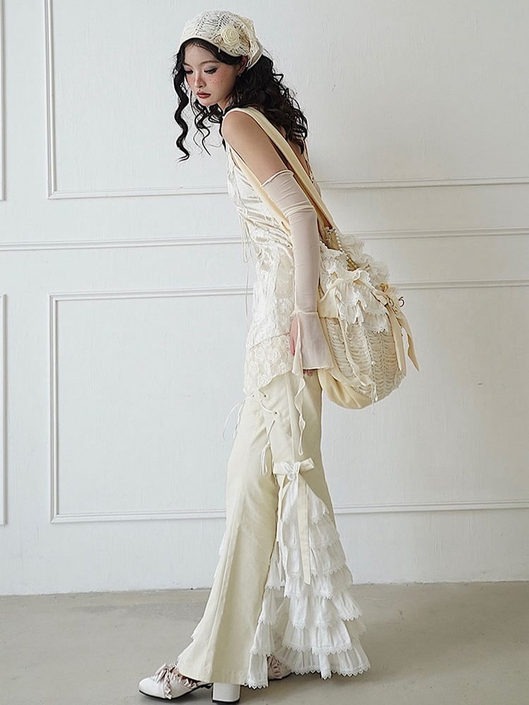 Bead and Butterfly Details Beige Bowknot Canvas Crossbody with Ruffle Trim