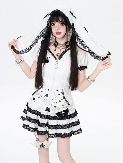 Bunny Ears Design Hood Lace Trim Black/White Jirai Kei Zip-up Jacket