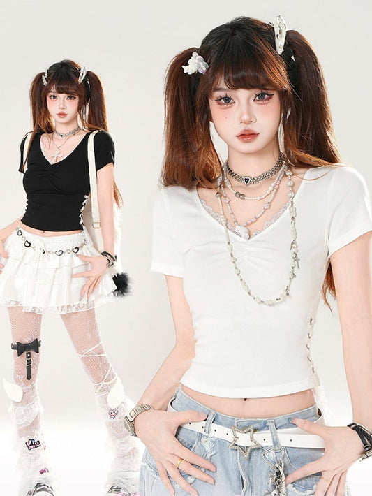 White/Black V-neck Lace Trim Lace-up Side Slim-fitting T-shirt