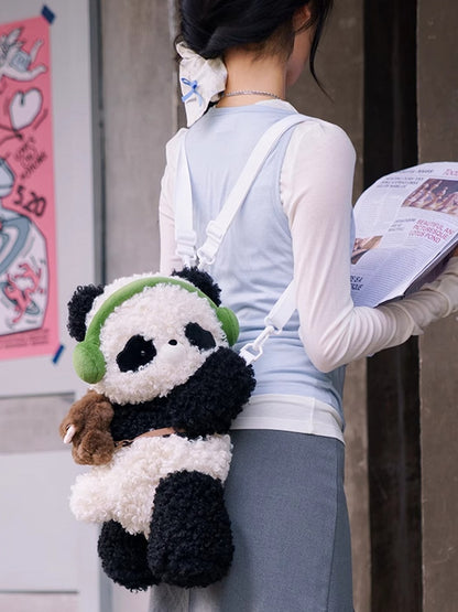 Cute Curly Plush Panda Black&White Backpack/Crossbody Bag+ Keychain