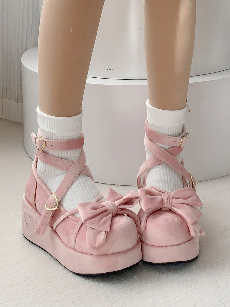Velvet Pink Sweet Lolita Platform Mary Janes - Bow Accents, Crisscross Straps & Heart Buckle