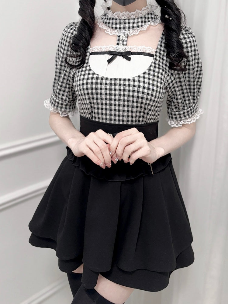Jirai Kei Black and White Plaid Banded Collar Cutout Front Short Sleeves Blouse