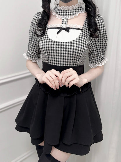 Jirai Kei Black and White Plaid Banded Collar Cutout Front Short Sleeves Blouse