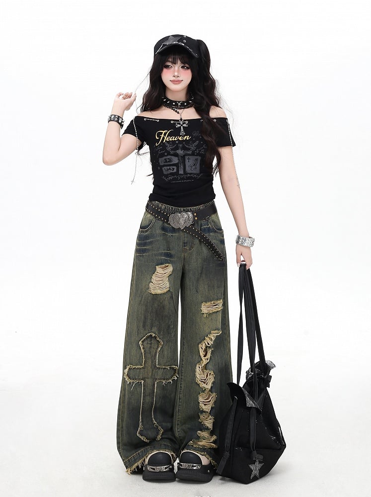 Y2K Cross Applique Blue Distressed Holes Vintage Wide-Leg Jeans