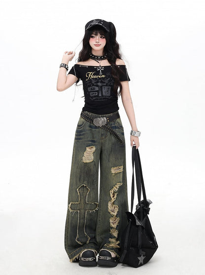 Y2K Cross Applique Blue Distressed Holes Vintage Wide-Leg Jeans