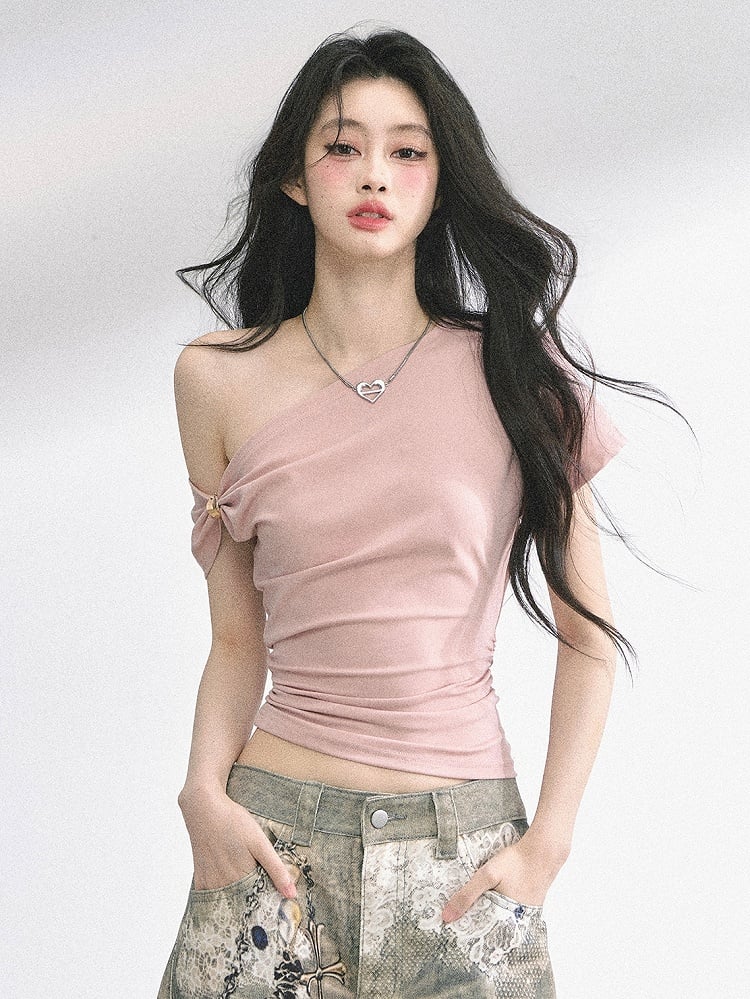 Navy Blue/Pink Asymmetrical Neckline Slim-fitting T-shirt