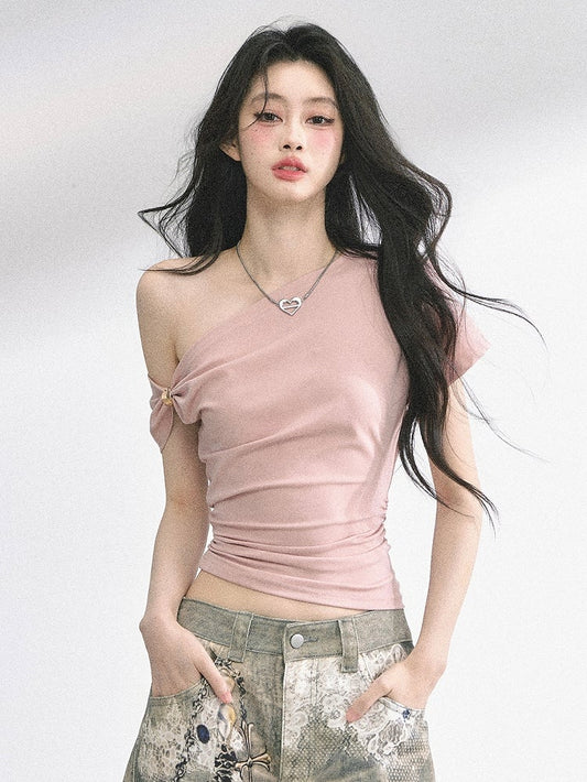 Navy Blue/Pink Asymmetrical Neckline Slim-fitting T-shirt