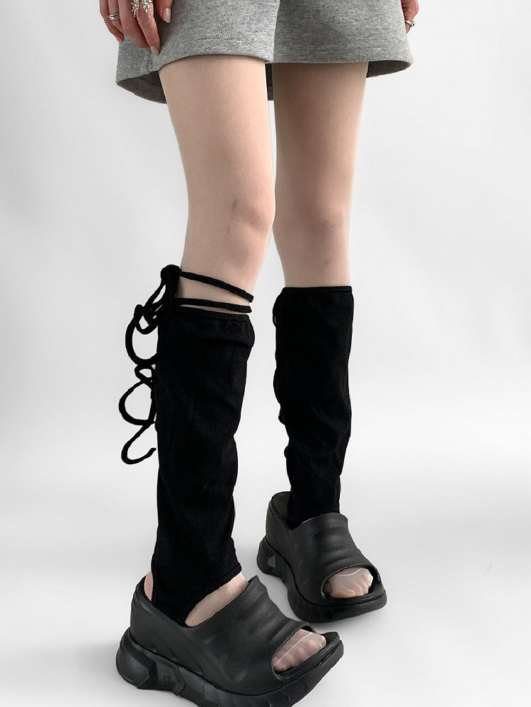 Black/Gray Self-tie Straps Leg Warmers
