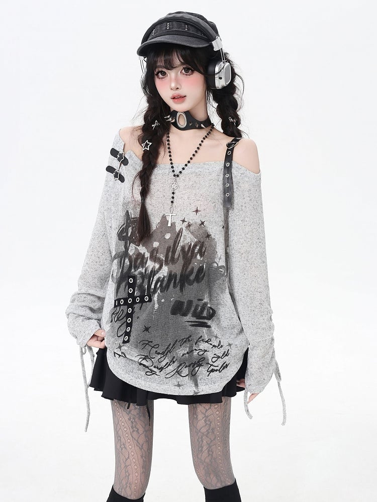 Asymmetrical Neckline Graffiti Print Star Buckles Light Gray/Black Coverup