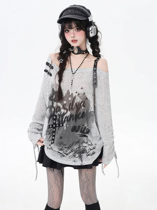 Asymmetrical Neckline Graffiti Print Star Buckles Light Gray/Black Coverup