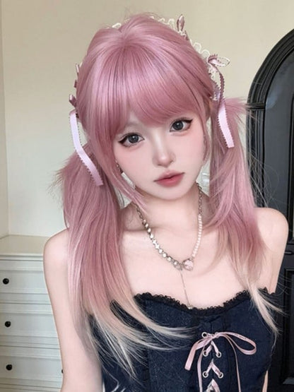 Pink Ombre Hair Color 68CM Length Straight Wig With Air Bangs
