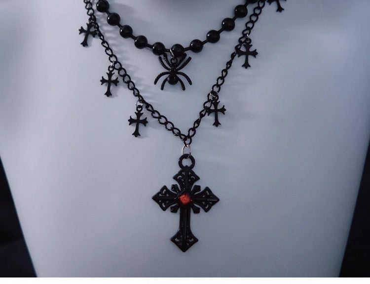 Spider and Cross Pendant Black Gothic Triple Layered Necklace