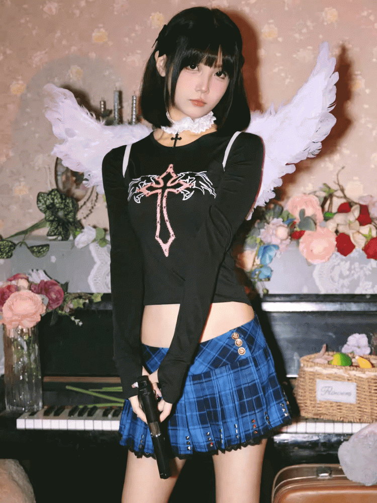 Gothic Cross and Wing Print Black  Punk Cropped Top