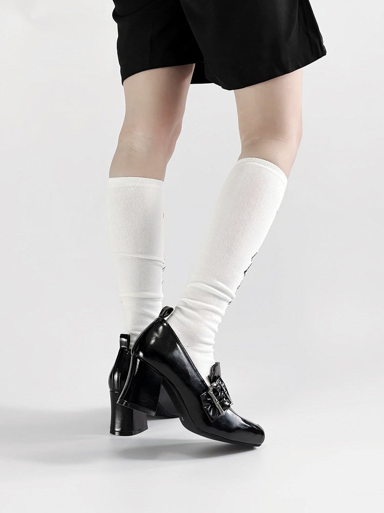 Gothic Polished Black Square Toe High Block Heel Shoes