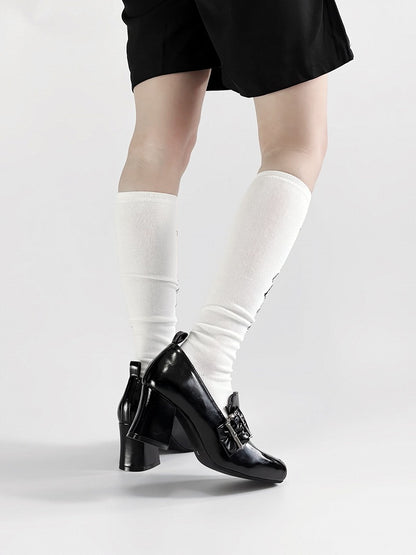 Gothic Polished Black Square Toe High Block Heel Shoes