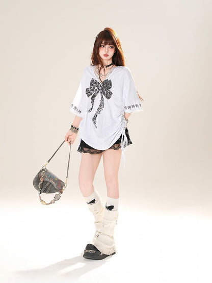 Big Bow Print Lace Trim Drawstring Side Black/White V-neck T-shirt