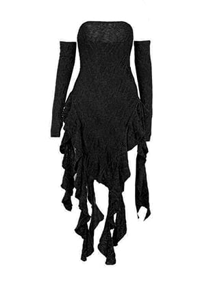 Black Asymmetrical Cascading Ruffles Strapless Dress with Free Armwears