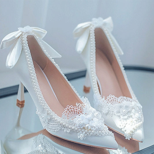 White Floral Design Bow Accent Beaded 5CM/7CM/9CM Hime Lolita Heels