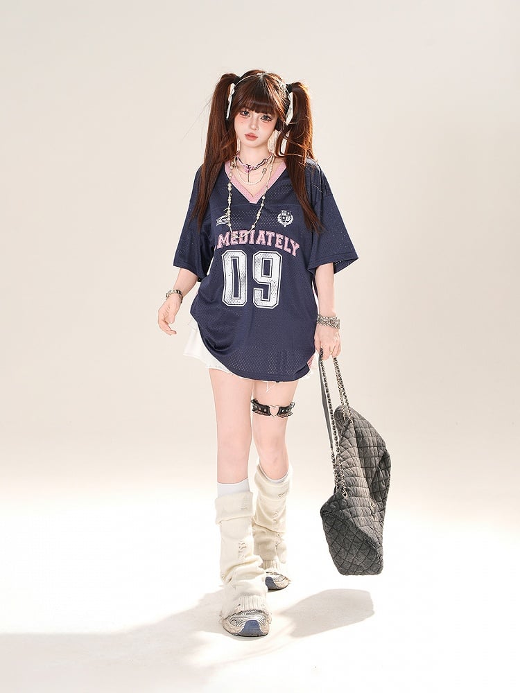 Gray/Dark Blue Number Print Hollow-out T-shirt V-neck Loose Top