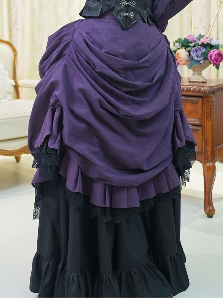 Victorian Bustle Historical Costume - Purple Shirt + Black Boned Waistcoat +Skirt+Black Lace Tie