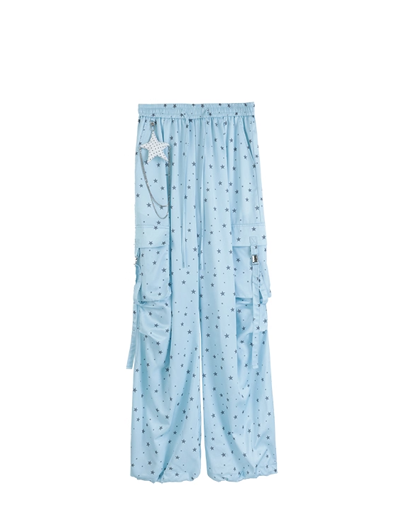 Allover Star Print Drawstring Waist Blue Wide-leg Cargo Pants