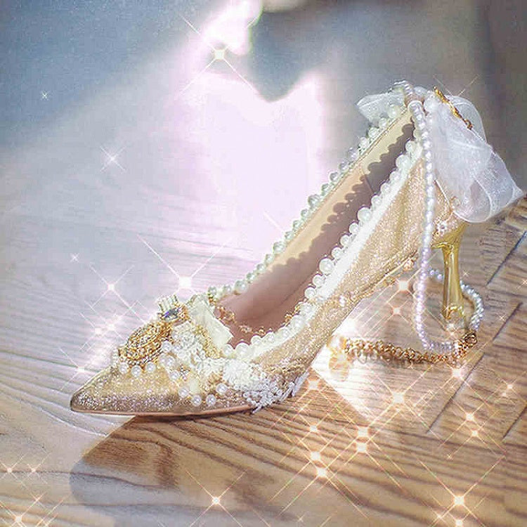 Gold Beaded Chain Bow Accents 5CM/7CM/9CM Glittering Hime Lolita Heels
