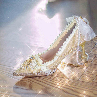 Gold Beaded Chain Bow Accents 5CM/7CM/9CM Glittering Hime Lolita Heels