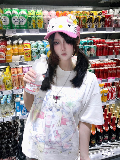 Anime Girl Print White Round Neck Loose Cotton T-shirt