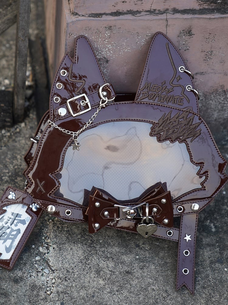 Kitty Ear Design Bowknot Studs Detail Brown PU Tote Ita Bag with Free Card Holder