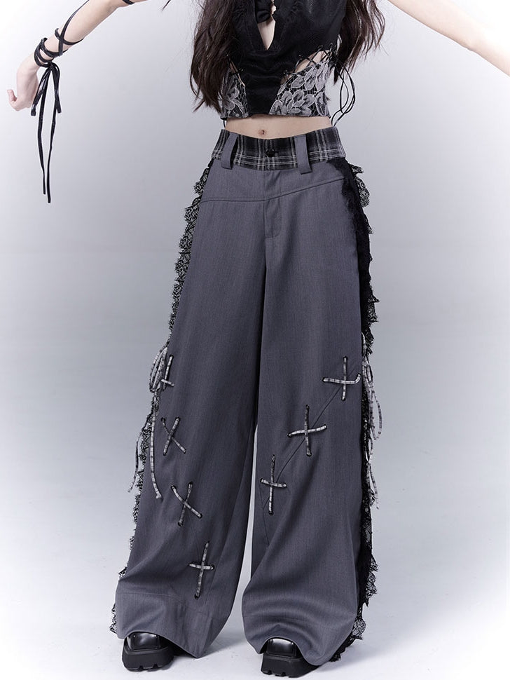 Dark Gray Lace Patches Side Casual Pants with Lace-up Details