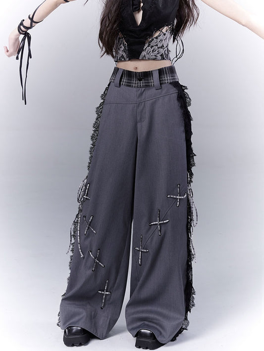 Dark Gray Lace Patches Side Casual Pants with Lace-up Details