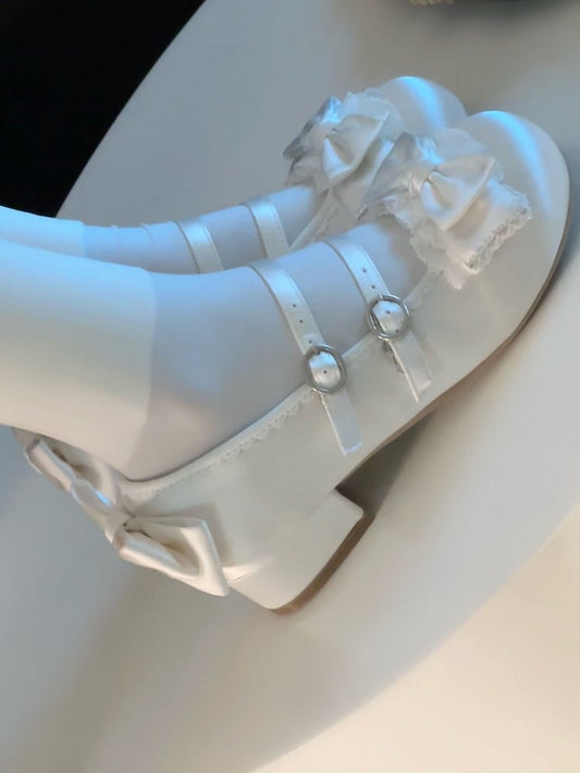 Satin-Finish PU White Sweet Lolita Mary Janes - Ruffled Lace with Bow & Double Buckles