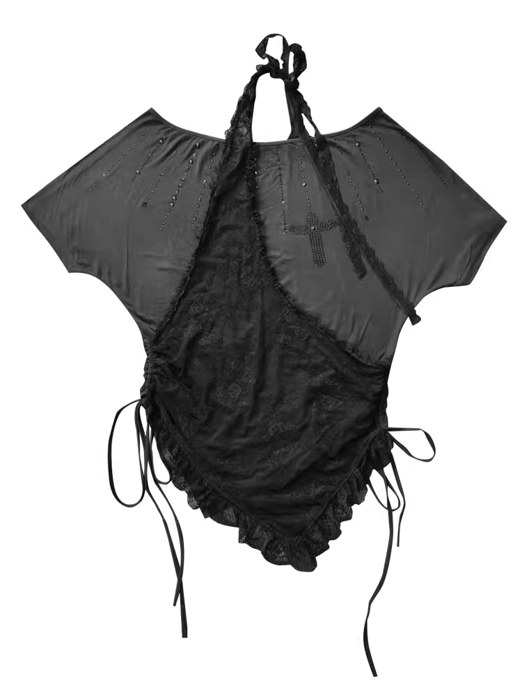 Black Cross Rhinestone Curved Hem Halter Neck T-shirt