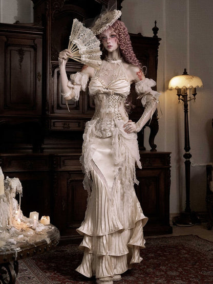 Pleated Design Layered Flowing Flounce Hem Light Beige Mermaid Skirt