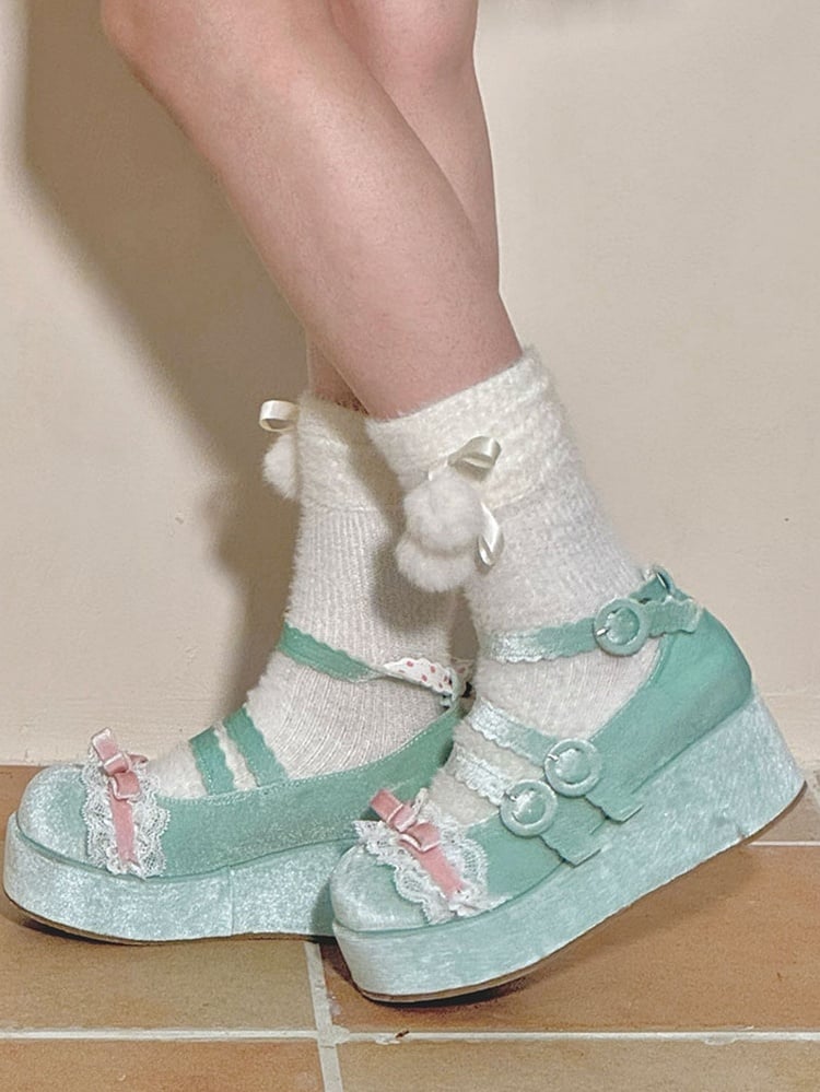 Lace Trim Bowknot at Top Velvet Pink&Green Buckle Straps Platforms