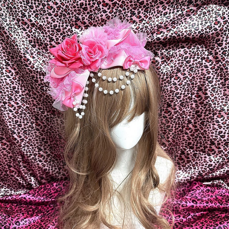 Pink / Rose Red Y2K Showa Hime Gyaru Fashion Rose Hair Clip with Beaded Chain