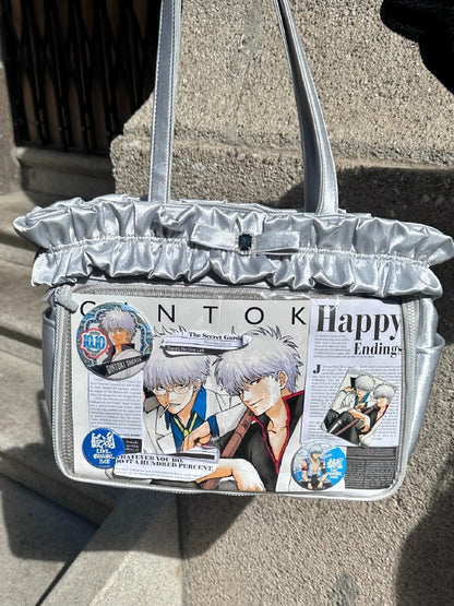 Silver Ruffle Trim Rhinestone Bowknot Large Volume Ita Tote Bag