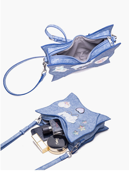 Stars and Sweethearts Decorated Denim Blue Butterfly Shaped Backpack
